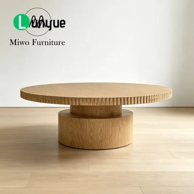 Modern Round Oak Coffee Table Solid Wood Center Table with Groove Trim Cylindrical Base for Living Room Furniture Decor