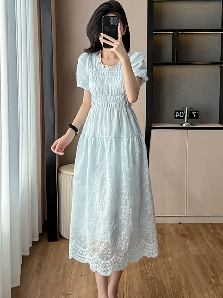 

Summer Blue Embroidery Jacquard Long Dress Women Puff Sleeve Elegant Casual Holiday Dress 2025 Korean Fashion One Piece Dresses