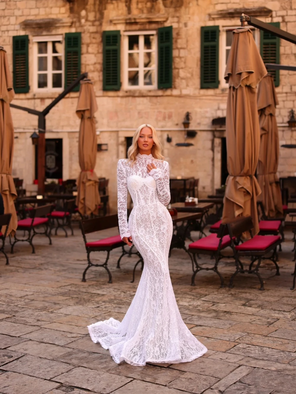 Vestido de novia largo de sirena de encaje de ilusión Sexy, vestido de novia modesto de manga larga con cuello alto, vestidos románticos personalizados para novia