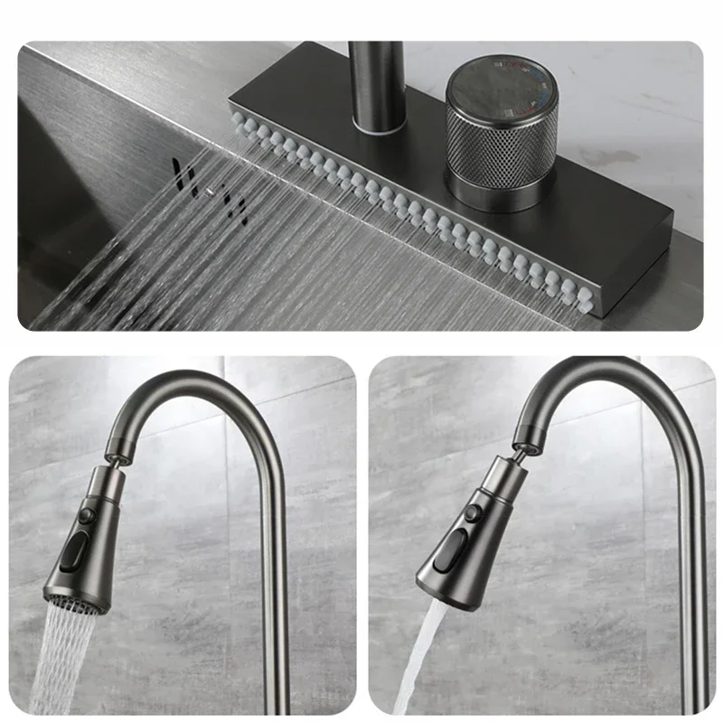 Waterfall Sink Pull Type Kitchen Faucet Hot Cold Mixer Vegetable Wash Tap Basin Multiple Water Outlets Rotation Flying Rain Tap
