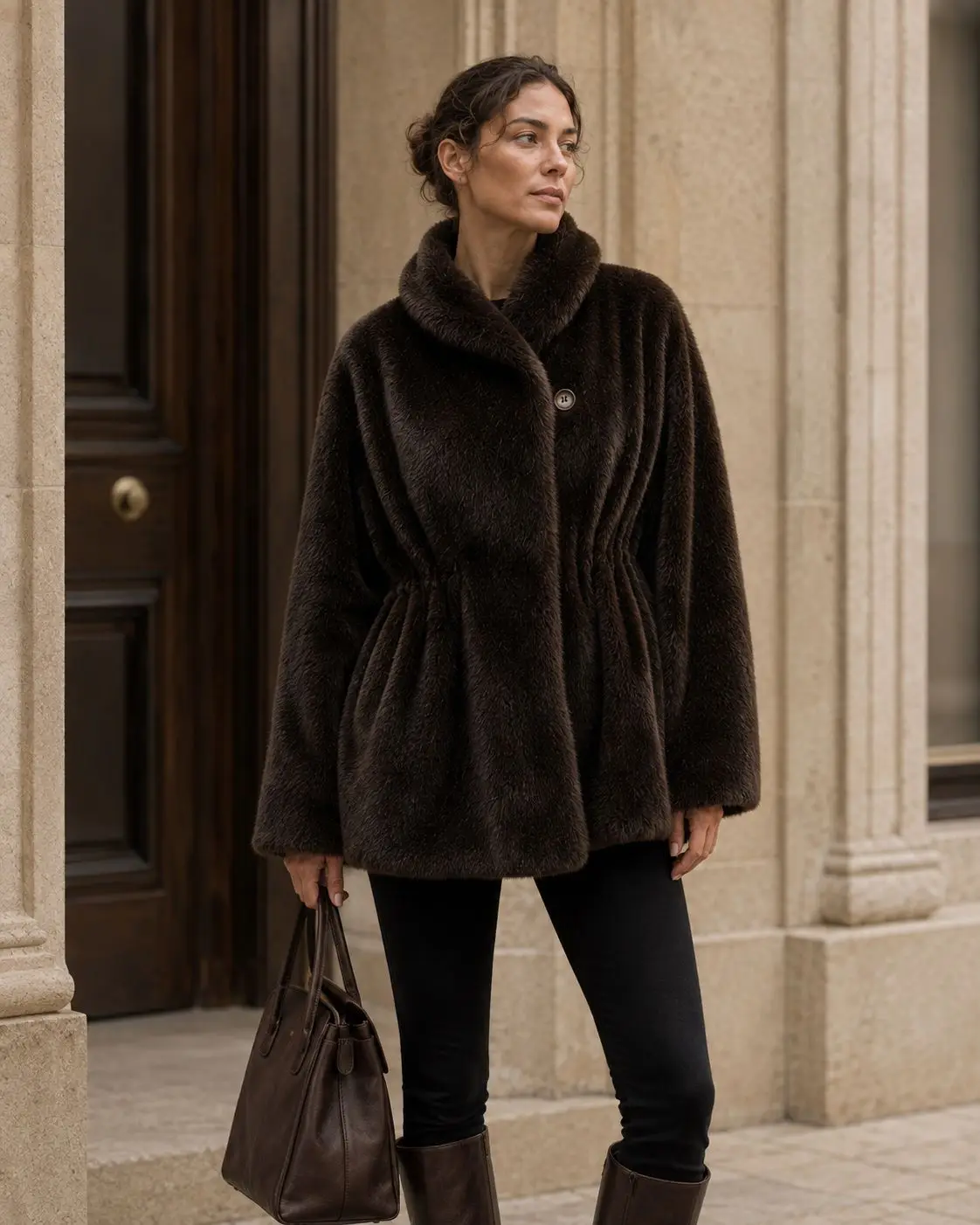 Women Faux Mink Fur Coats Solid Fur Jackets Cotton Linen Turn Down Collar Long Sleeves Single Breasted Cinched Waist 2026 Winter