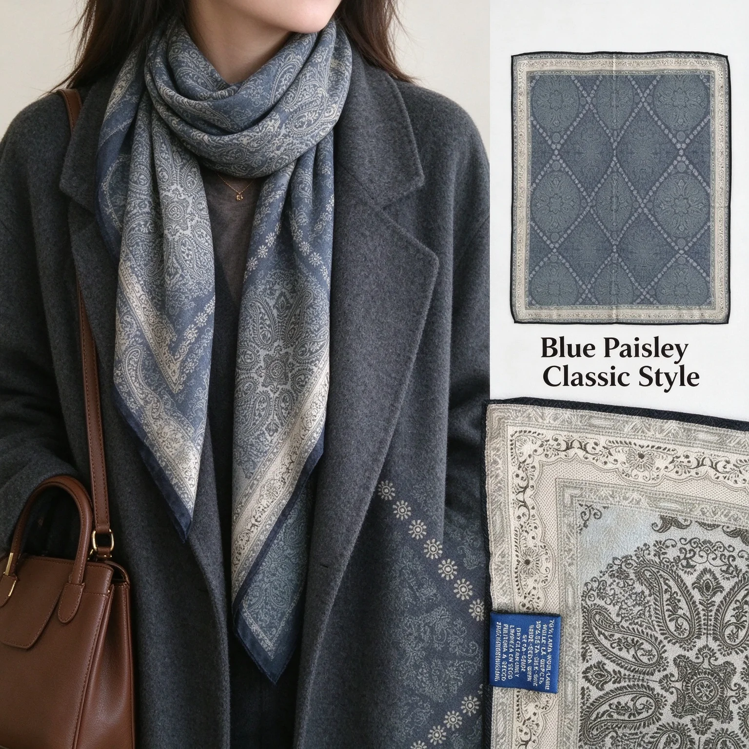 Women Silk Wool Square Scarf 65x65cm Blue Paisley Double Sided Headscarf Soft Warm Neckerchief Bandana Hand Rolled Gift