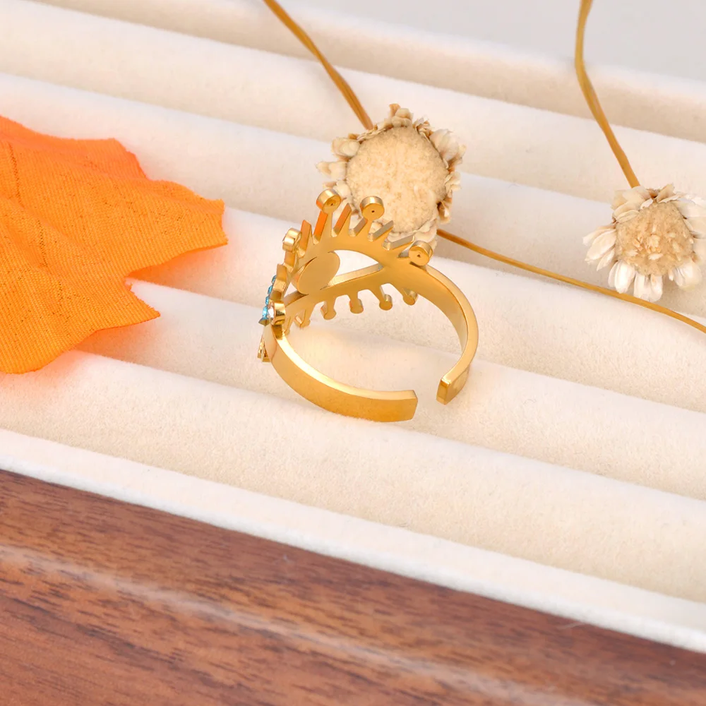 JeeMango Edelstahl-Ringe mit türkisfarbenem Zirkon und Teufelsauge für Damen, vergoldet, rostfrei, Fingerschmuck, Party-Geschenk, R26017 – Detail 9