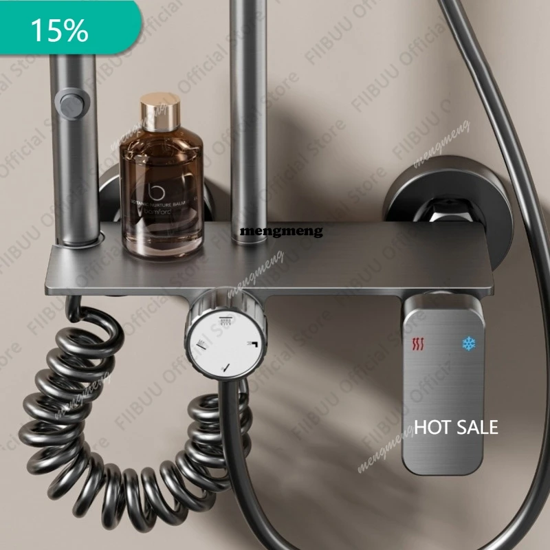 Gun Grey Bathroom Shower Systems Home Cold Hot Four-stop Water Outlet Showerhead Combination Shower Kit With Storage Platform
