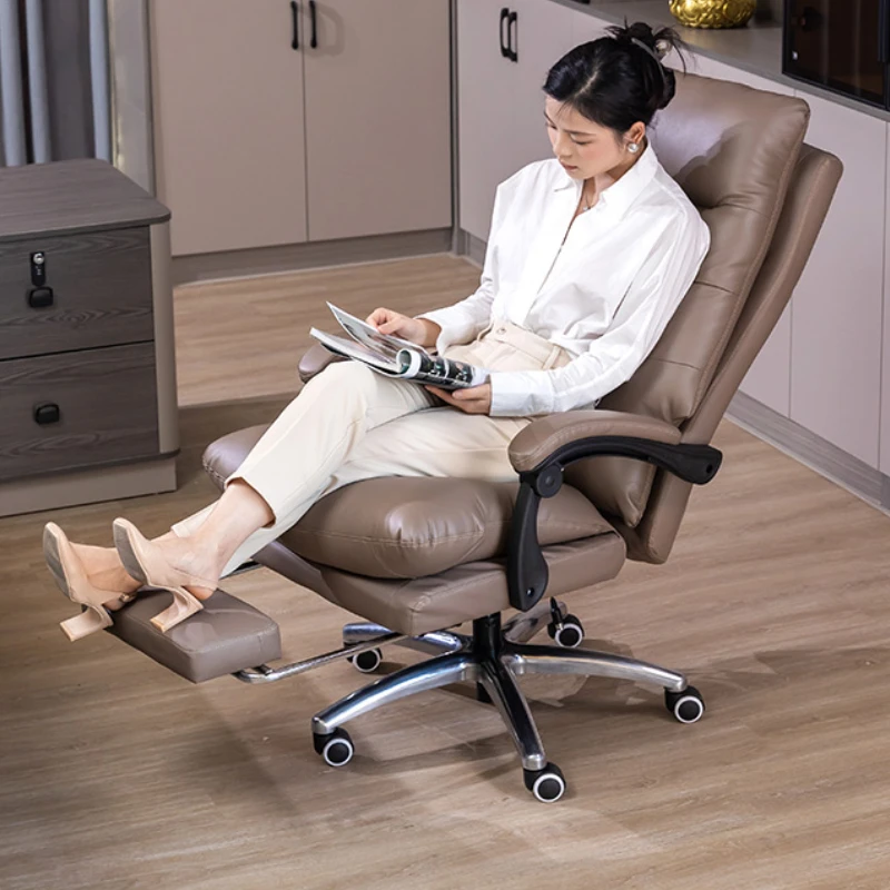 Comfortable Sedentary Reclining Office Chairs Made Genuine Leather Light Luxury Nap Office Chairs Study Home Use Furniture