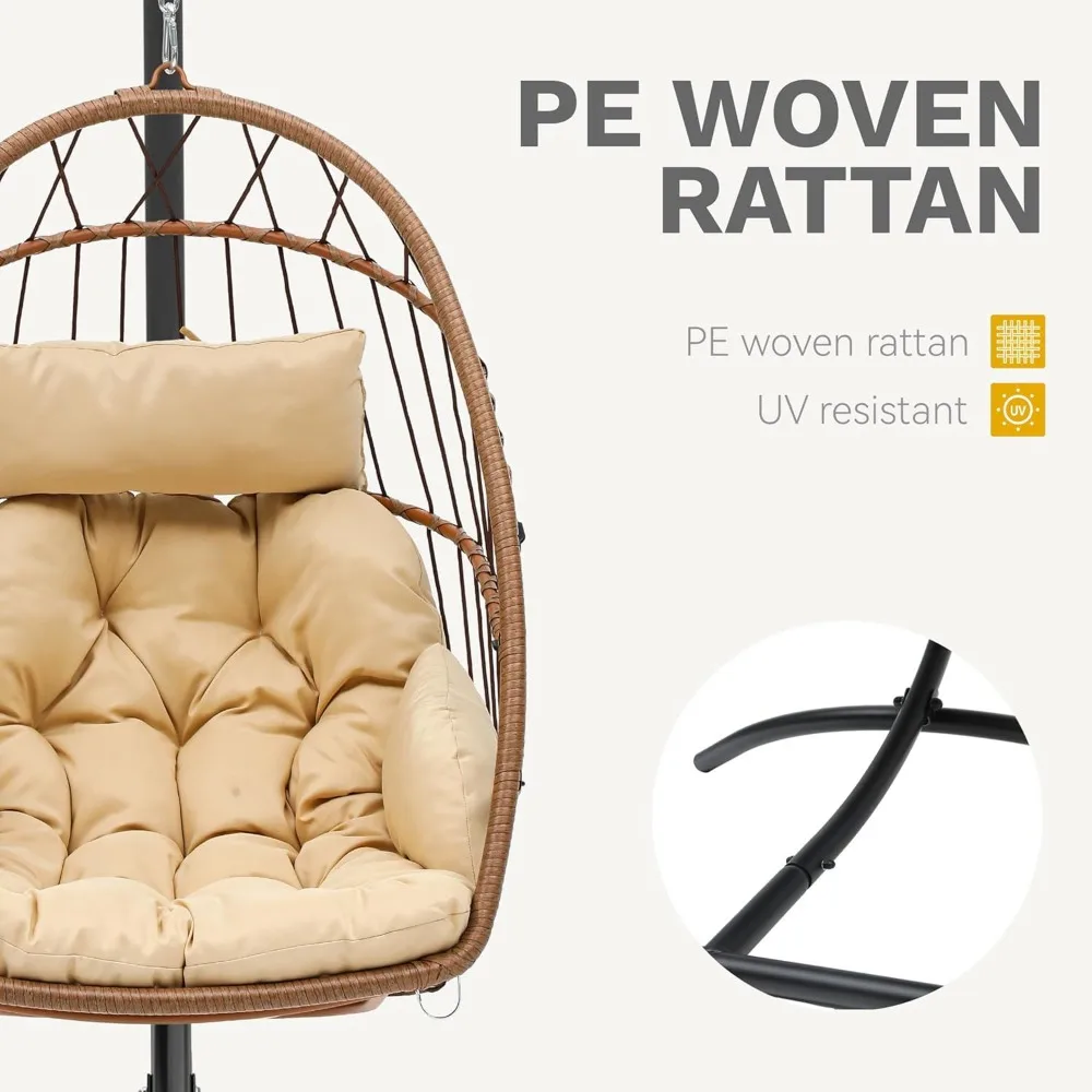 كرسي على شكل بيضة مع حامل، أرجوحة فناء من الخيزران المعلقة في الهواء الطلق مع وسادة، كرسي أرجوحة معلق 300 رطل