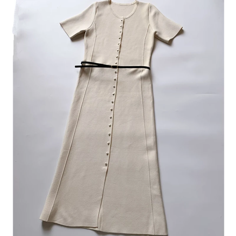 

Maxdutti Minimalist Women's Beige Knitted Dress With Belt French Round Neck Single Breasted Short Sleeved Dress Women