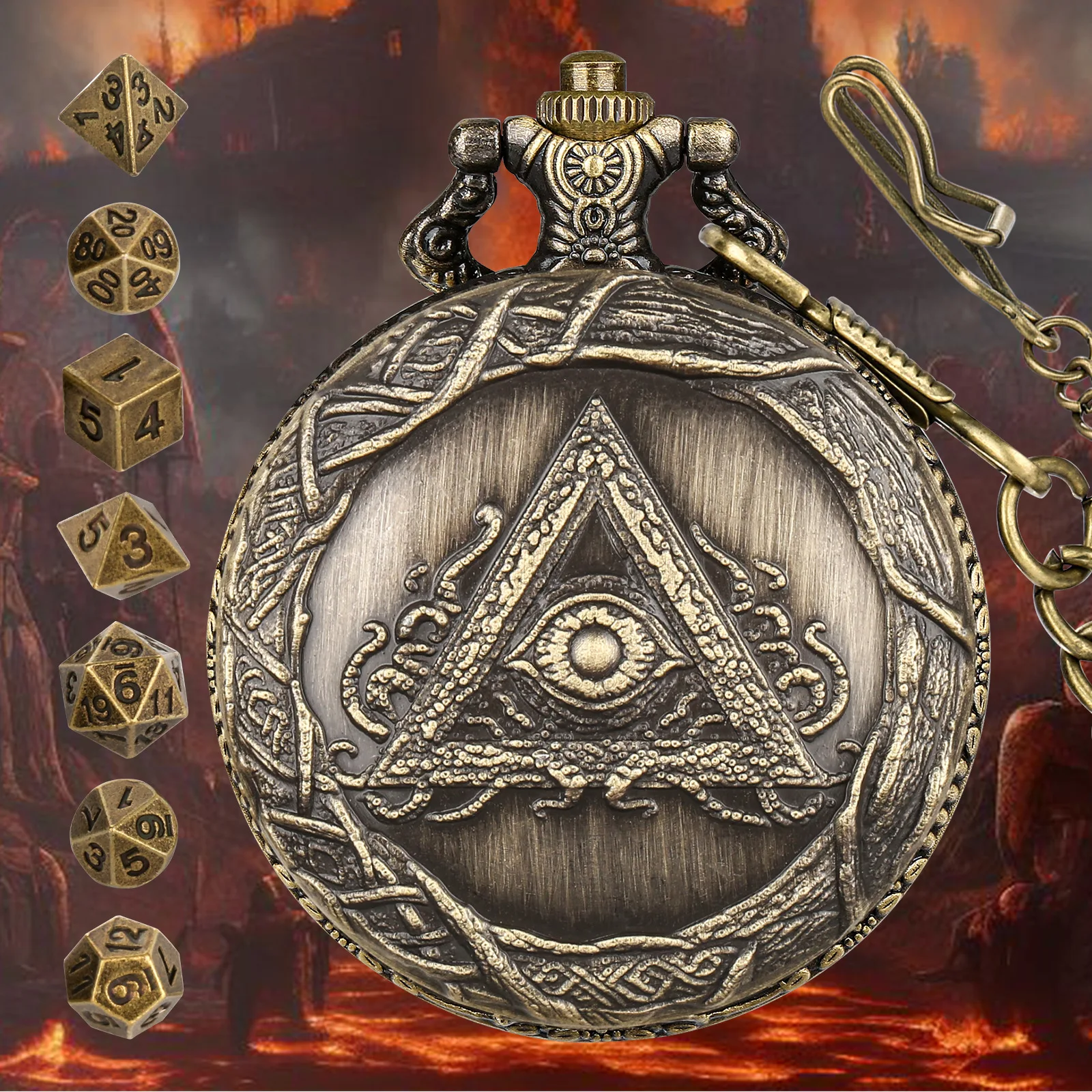 

Карманные часы с большим треугольным глазом DND, коробка для игральных костей, футляр для карманных часов, треугольный глаз, ювелирный кулон, набор металлических кубиков, кубики для ролевых игр