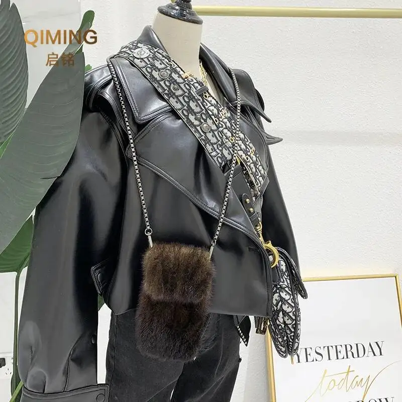 100% Real Mink Fur Bag Crossbody Bags For Women Autumn Winter Plush Purses and Handbags Female Phone Shoulder Bag Girls Wallet