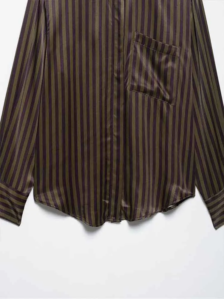 Estilo europeu nova moda feminina versátil simples textura de cetim manga comprida lapela camisa calças listradas terno