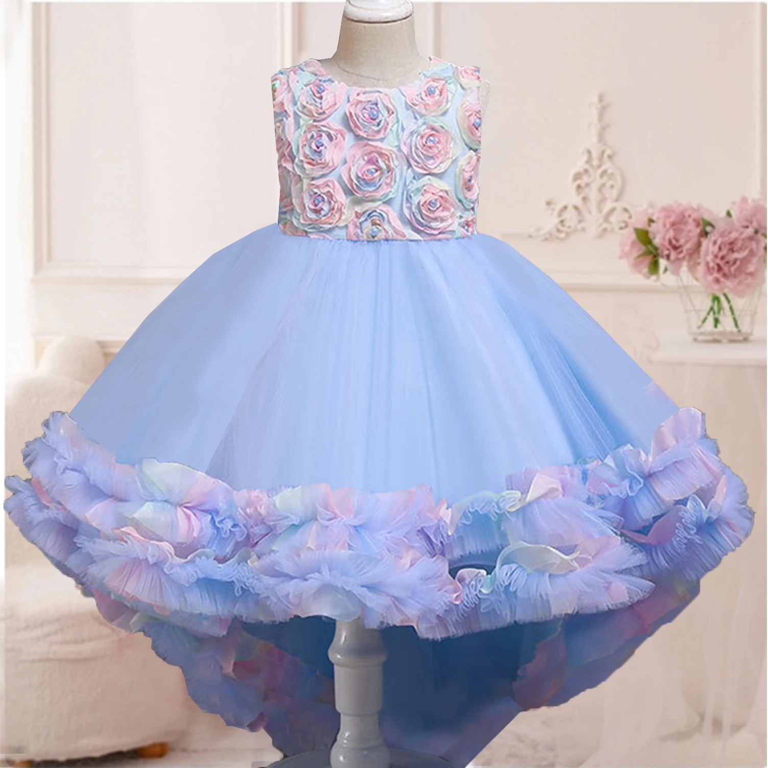 

AmyStylish Little Girls 3D Rose Petal Flower Girl Dress Birthday Party Pageant Hi-Lo Rainbow Gown 68018