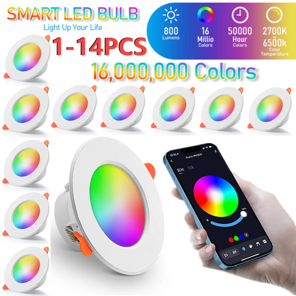 

14-1PCS 10W Smart LED Downlight Bluetooth Ceiling RGB Lamp APP Control Color Changing light for Google Home Round Panel Light
