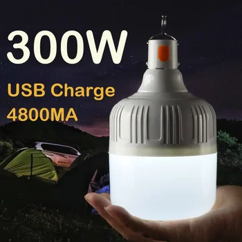 2024 야외 300W USB 충전식 LED 램프 전구, 고휘도 비상 조명, 후크 업 캠핑 낚시 휴대용 랜턴, 신제품
