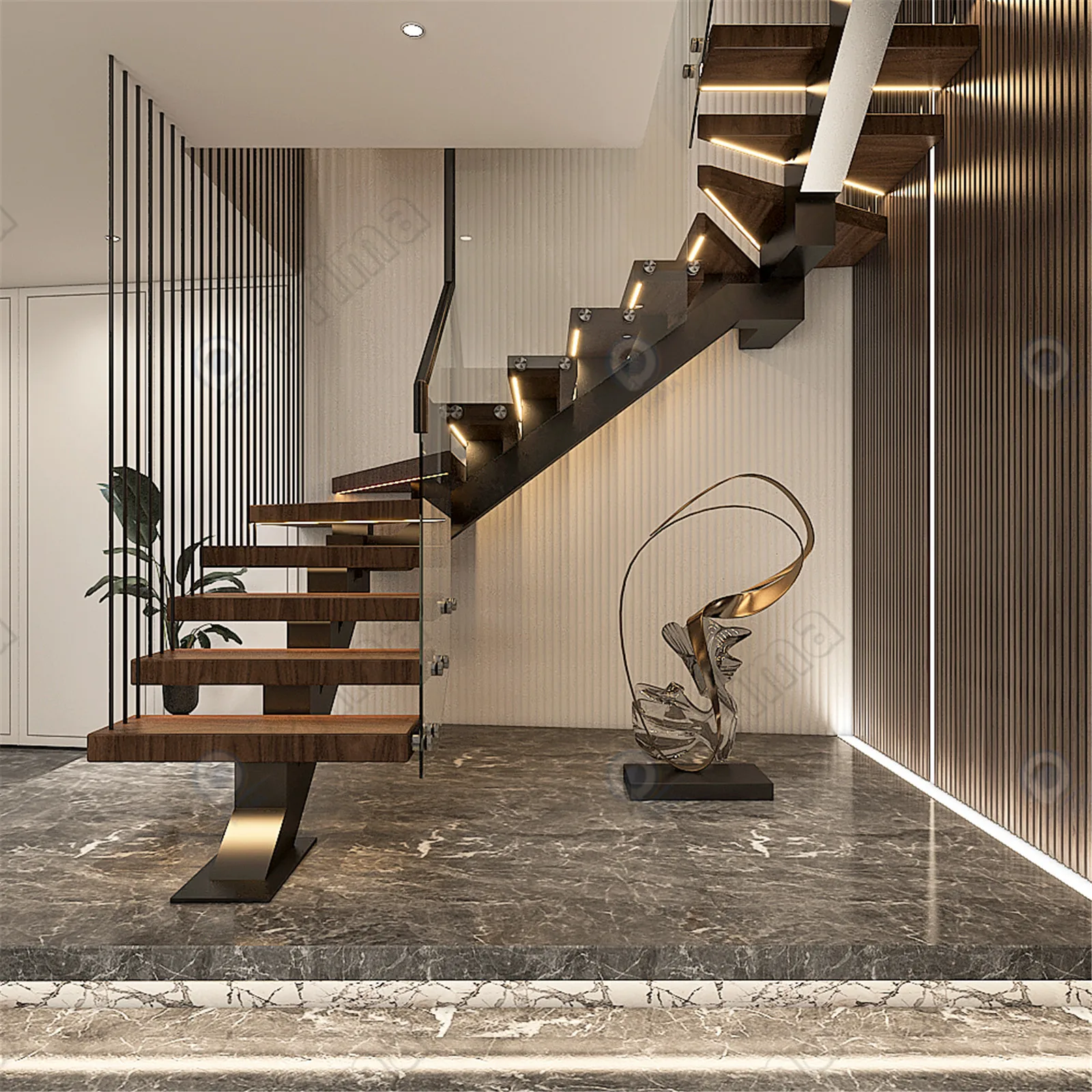 Personalizzazione Scala in legno prefabbricata mono stringer per progetto domestico Scala mono stringer moderna in acciaio dritto in acciaio