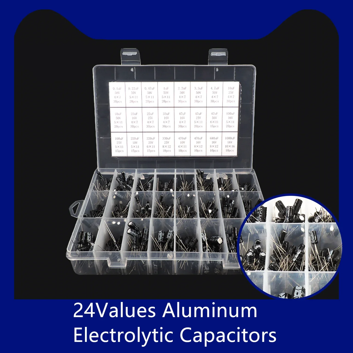 500 قطعة/الوحدة 0.1 فائق التوهج-1000 فائق التوهج 24 قيم الألومنيوم المكثفات كهربائيا 16-50 فولت مزيج كهربائيا مكثف مجموعة متنوعة و صندوق تخزين