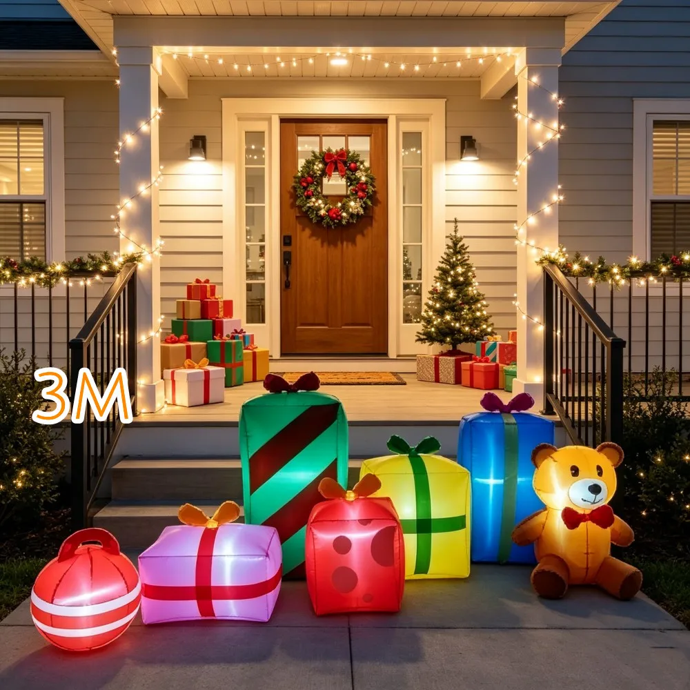 3M long Christmas Multi-color Inflatable Gift Bear Set Built LED Lights Suitable Indoor Outdoor Lawn Display Window Decoration