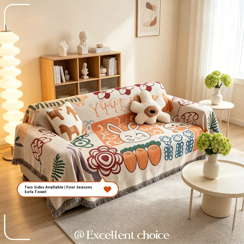Full Coverage Sofa Towel Cartoon Style Cotton Scarf Camping Blanket Sofa Cushion Cover All Season Universal All Inclusive