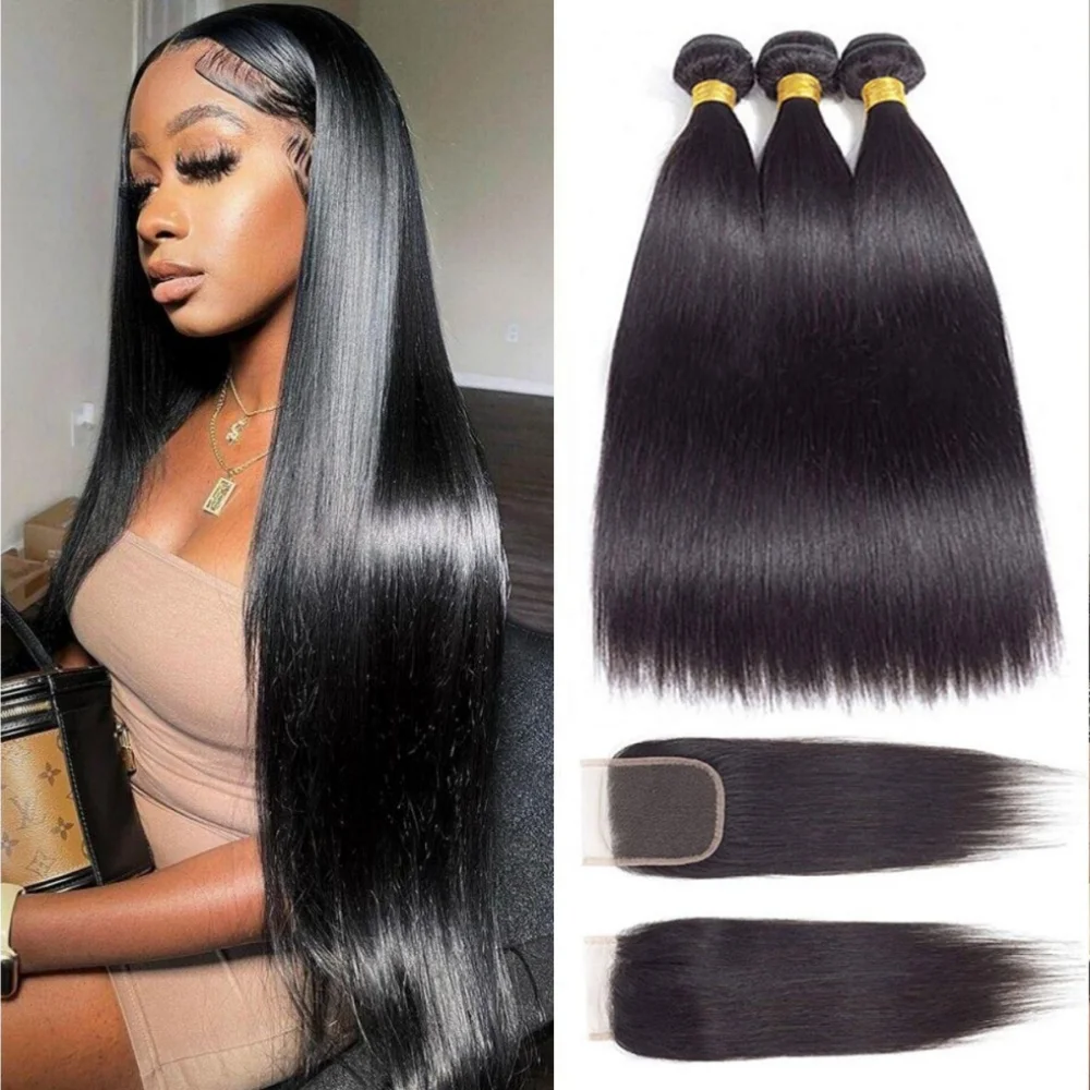 Brazilian Hair straight Bundles With HD Lace Closure 5x5 4x4 Hair Extensions For Women Straight Bundles Human Hair With Closure