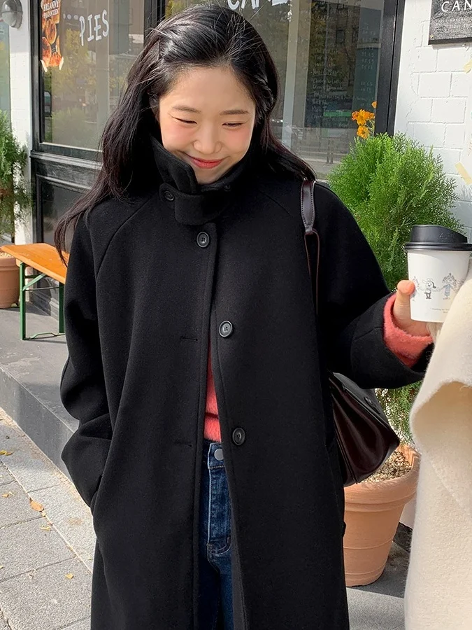 

Ele Bla Woolen Coat Women's Loose Thiened Long Cotton Insert oulder Sve Long Coat Trendy Commute Sle Single Bu...