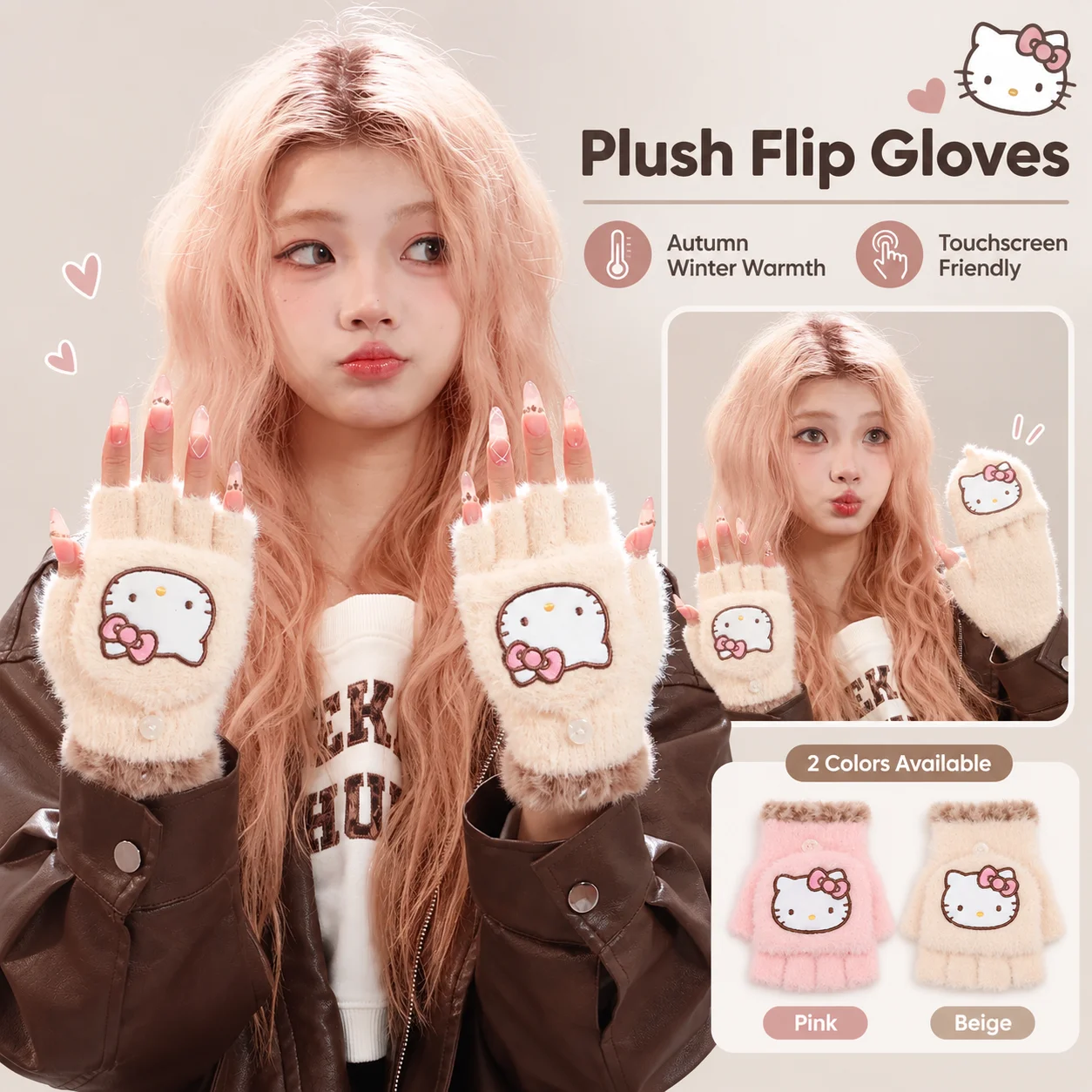 Sanrio Hello Kitty Flip Knit Plush Warm Gloves Winter Outdoor Gloves Office Typing Gloves School Daily Commute Warm Gloves Gift