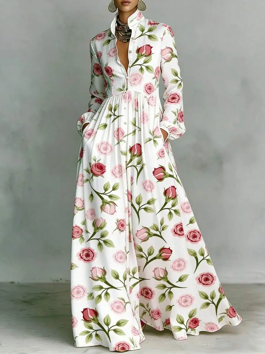 

White Base Pink Rose Floral Long Sleeve Maxi Dress With Stand Collar, Button Front, And Gathered Waist For Casual Party Vacation