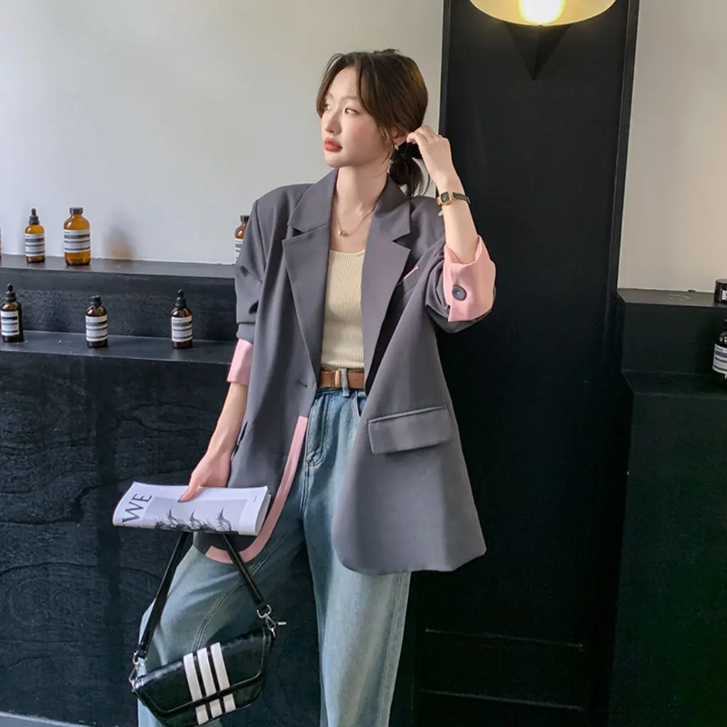 

Women's Grey Fashion Stitching Contrast Color Suit Jacket Loose Elegant High-End Spring Autumn New Arrival