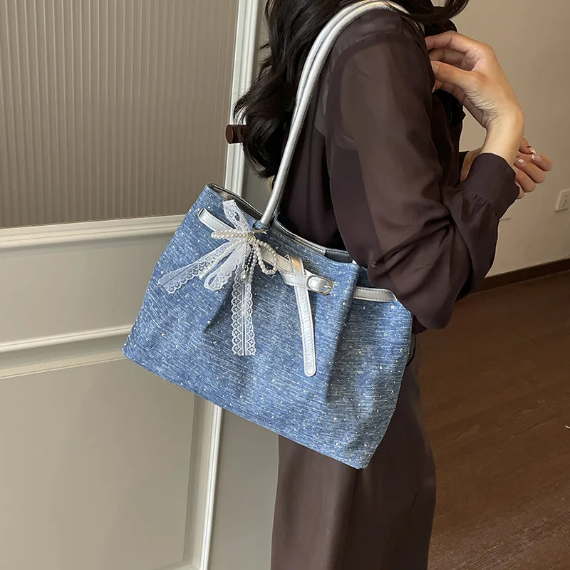 Bolso de Hombro para Mujer de Gran Capacidad, con Lazo de Encaje Delicado y Perlas, Elegante Bolso de Mano Suave, Bolso de Moda para Viajes y Compras