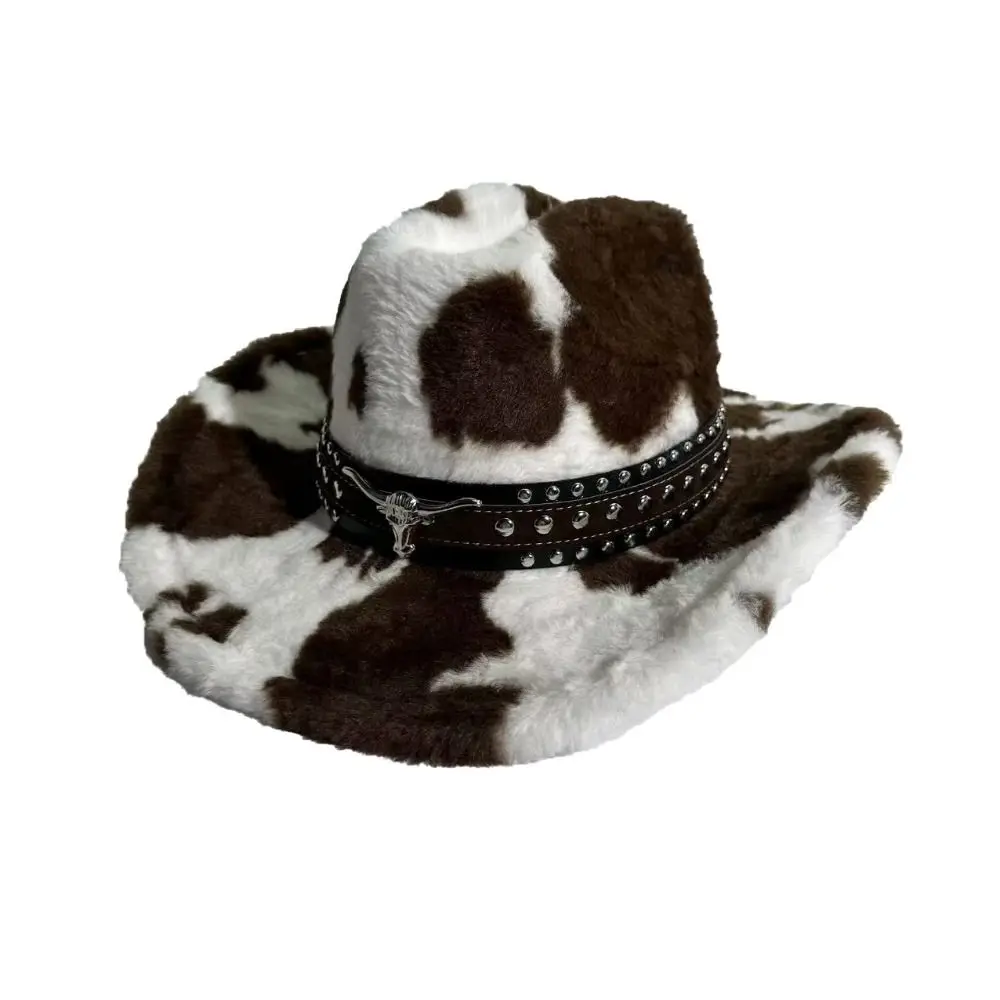 Rivet Strap Cow Print Cowboy Hat Decorative Metal Belt Wind Resistant Furry Cowboy Cap Unisex Design Wide Brim Fuzzy Winter Hat