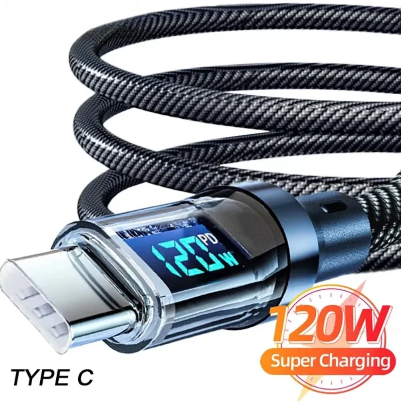 120W LED Digital Display Quick Charge USB Type C Cable For Samsung Xiaomi iphone Redmi Huawei Fast Charging Data Cord