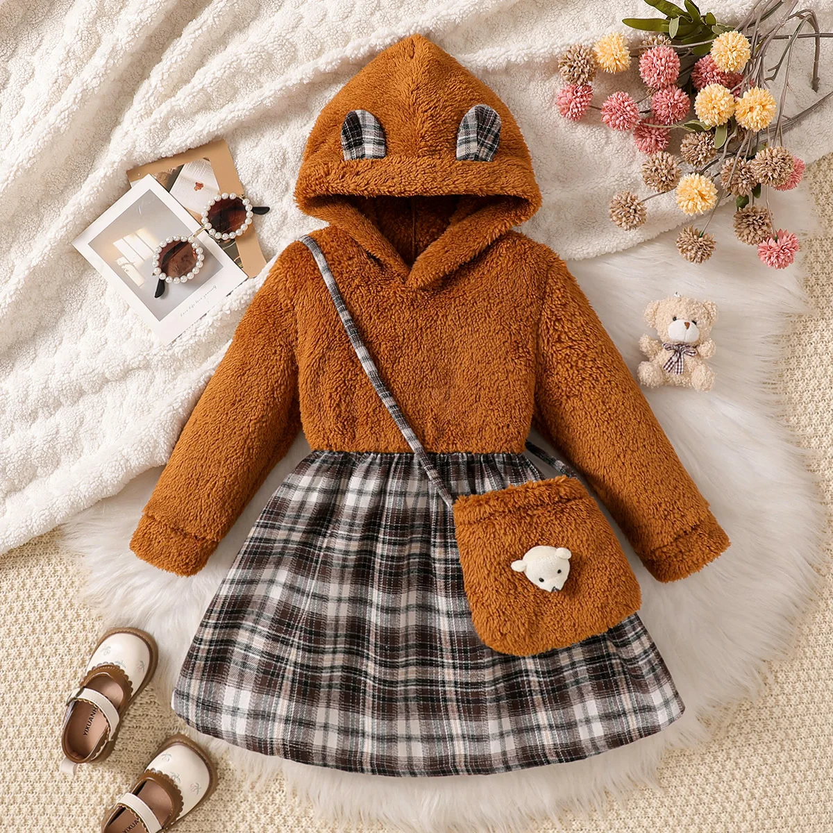 2 Stücke Kinder Herbst Winter 2025 Langarm Plüsch Fleece Warme Kapuzenkleid Für 1-6Y Casual Täglich Tragen Kleidung Mädchen + Tasche
