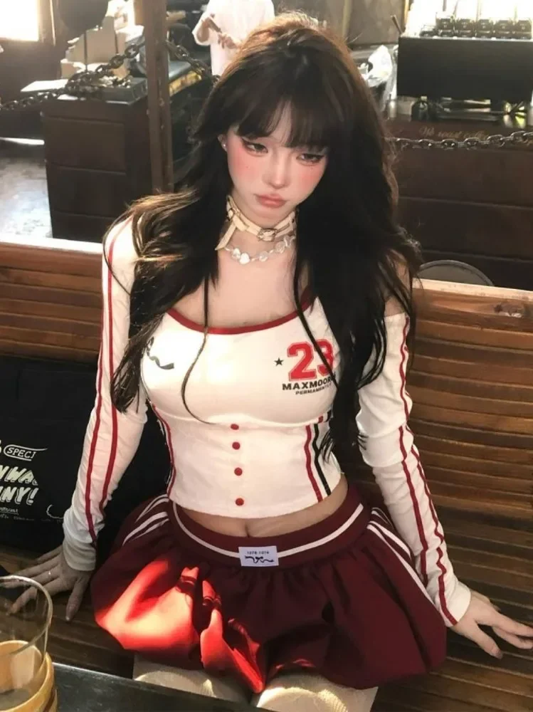 

Deeptown Coquette Y2k Off Shoulder Crop T Shirts Women Aesthetic Bandage Striped Long Sleeve Tees Kpop Sweet Graphic Printed Top