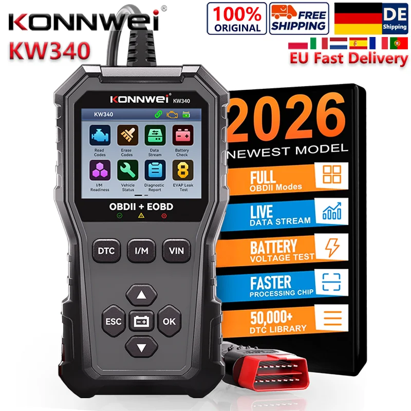 2026 KONNWEI KW340 Auto-OBD2-Scanner CAN EOBD Diagnosegerät DTC I/M VIN Batterieprüfung Fehlercodeauslese und -löschung Scanner Kostenlose Apps und Upgrades