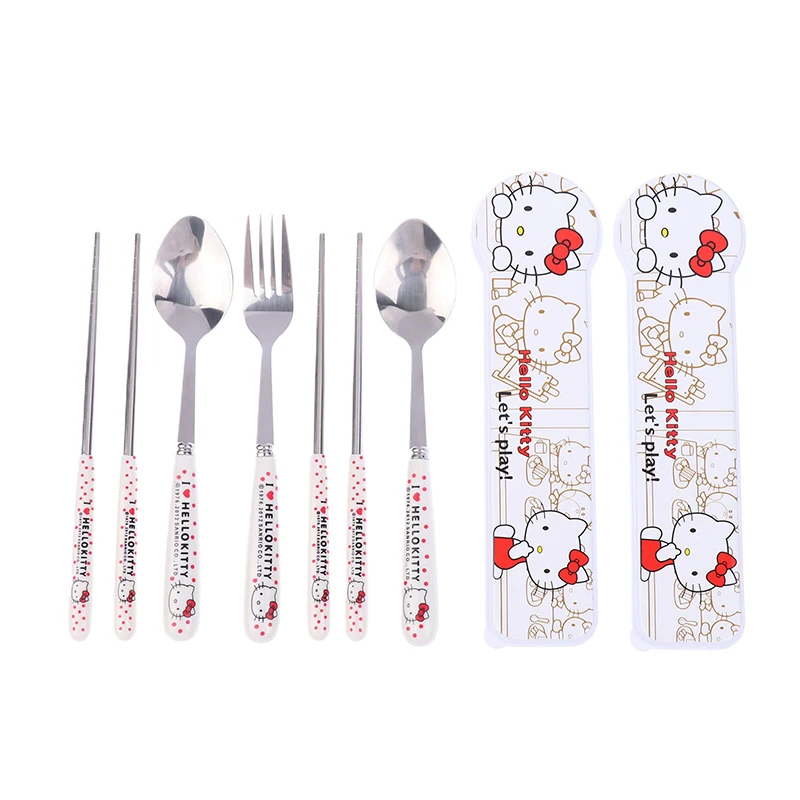 Kawaii Hello Kitty Chopsticks Spoon Fork Sanrio KT Cat Tableware Set Portable Dinnerware For Kid Anime Flatware With Box