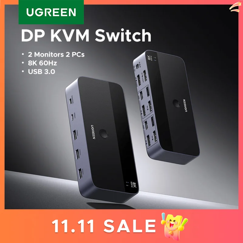 

UGREEN DP KVM Switch 2 Monitors 2 PCs 8K 60Hz USB 3.0 Sharing Keyboard Mouse Monitor with HDR 3D for Laptop Desktop Printer