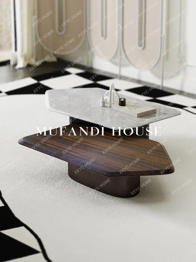 

Natural Marble Tea Table Modern Light Luxury Smoked Wood Leather Living Room Shaped Combined Tea Table