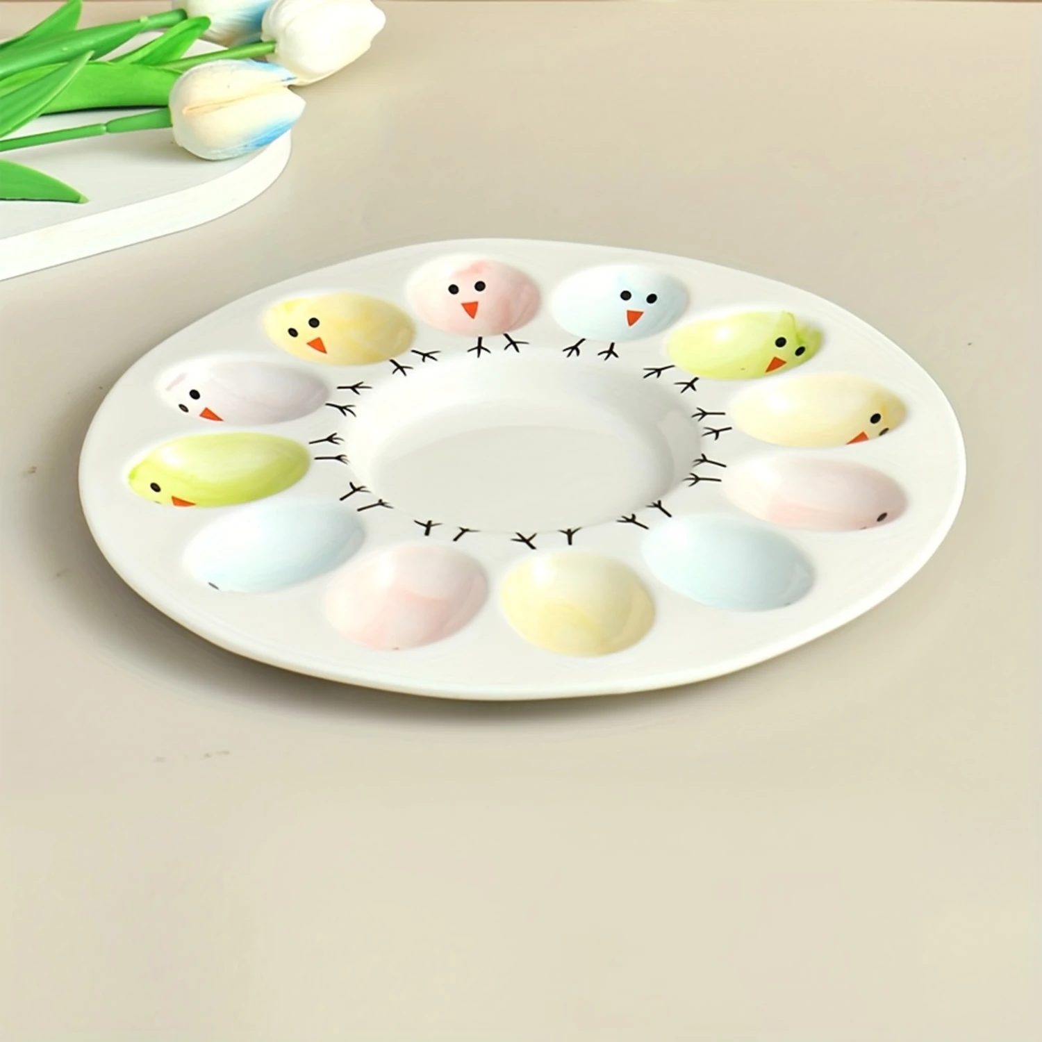 1pc Ceramic Egg Tray, 12-hole Round Omelette Tray With Chicken Motif, Egg Container Tray, Can Be Used As An Egg Rack, For  Room 