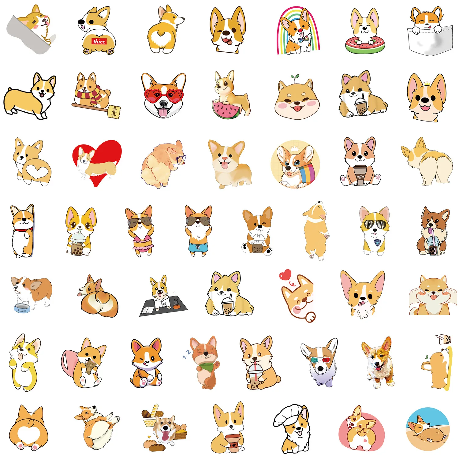 50pcs Cartoon Cute Corgi Dog Notebook Skateboard Luggage Graffiti Decoration Waterproof Sticker