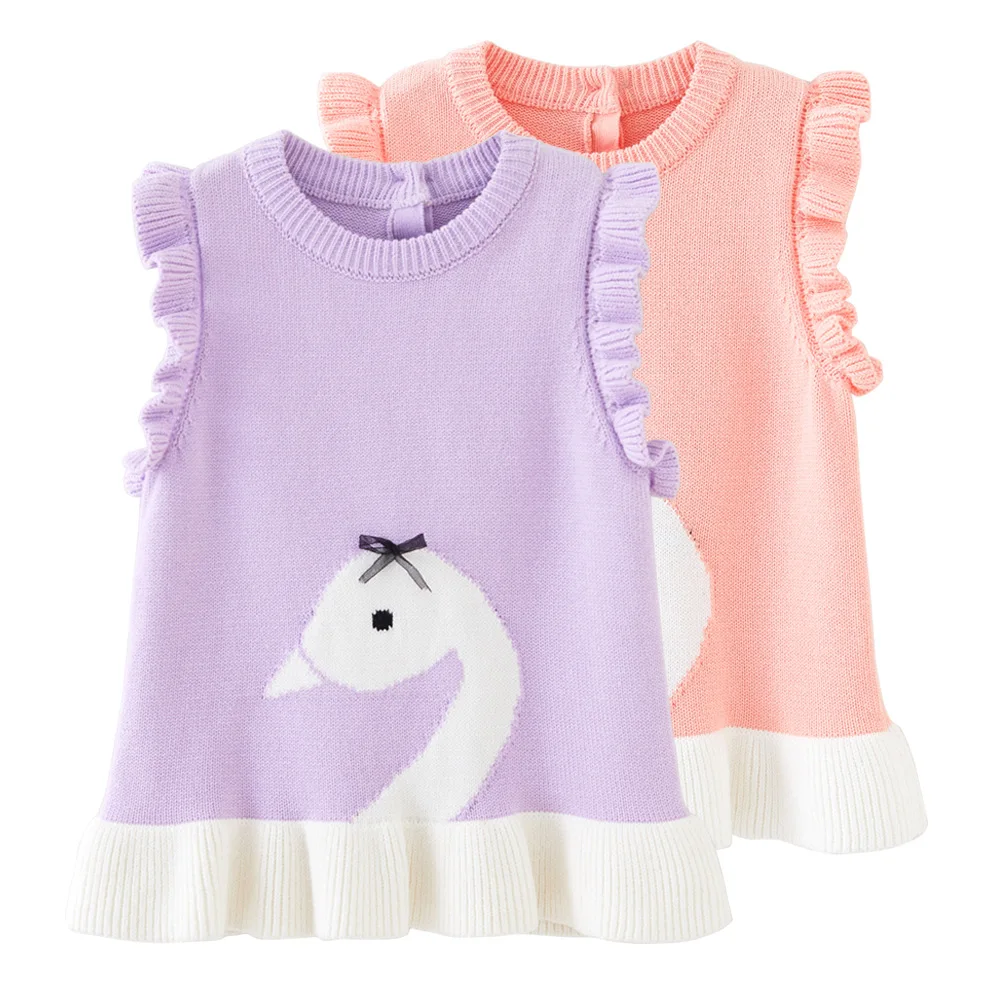 2024 0-10 Years Purple Swan Cotton Girls Sweater Vest Dress Type Pink Toddler Vest 1 2 3 4 5 6 7 8 9 10 Years Old Kids Clothes