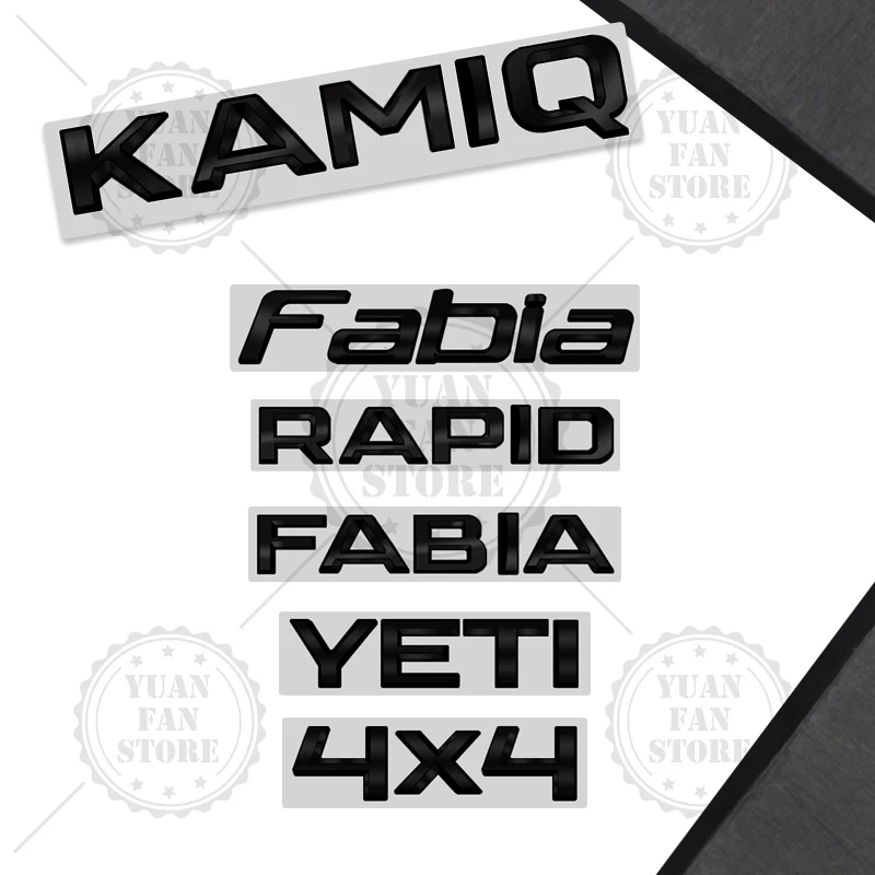 Glossy Black For Skoda Octavia Rapid Kodiaq Karoq 4X4 Fabia Kamiq Superb Yeti Metal Badge 3D Stickers Car Trunk Body Decal