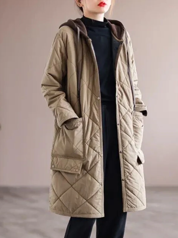 Jaqueta de Aodão Fena de Crimento Médio, Estilo Novo Outono Inverno 2025, com Capuz, Patchwork, Manga Longa, Casual ...