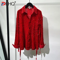 PFHQ 2023 Summer New Fashion Sequins Shirts For Men Turn-down Collar Long Sleeve Single Breasted Loose Men's Blouse Tide 21F3560