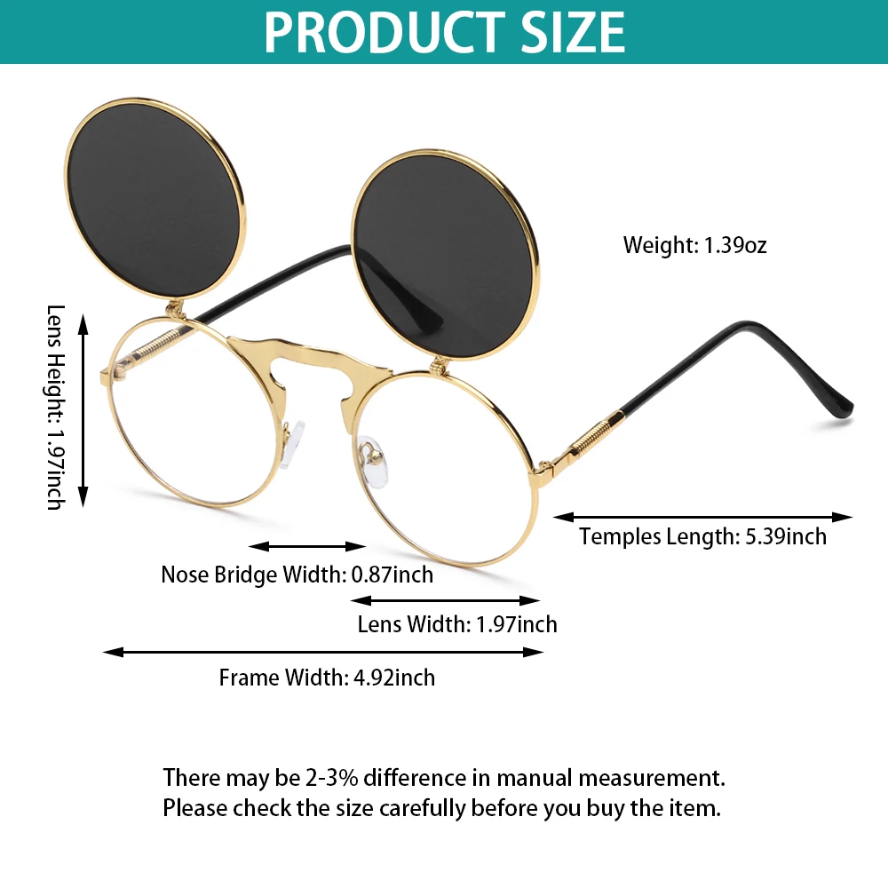 نظارات دائرية للرجال والنساء بإطار معدني، نظارات شمسية دائرية قابلة للطي، نظارات شمسية Steampunk