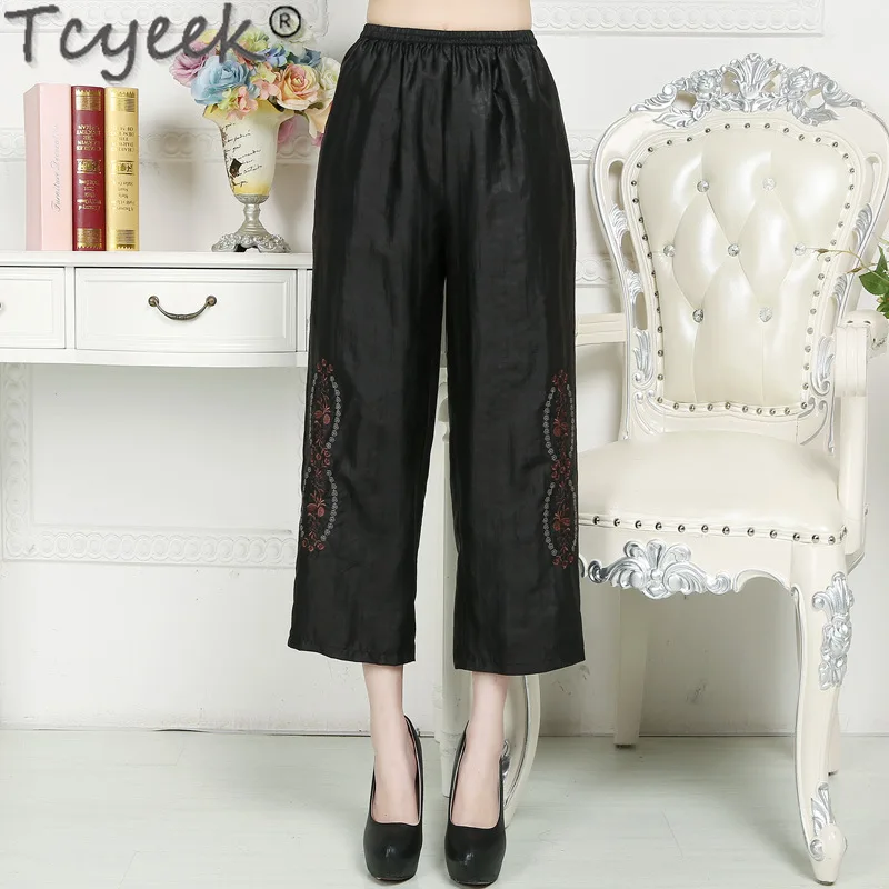 

Tcyeek 100% Mulberry Silk Elegant Pants for Women Straight Pants Summer Clothes Calf-length Pants Woman Trousers 2024 Pantalones