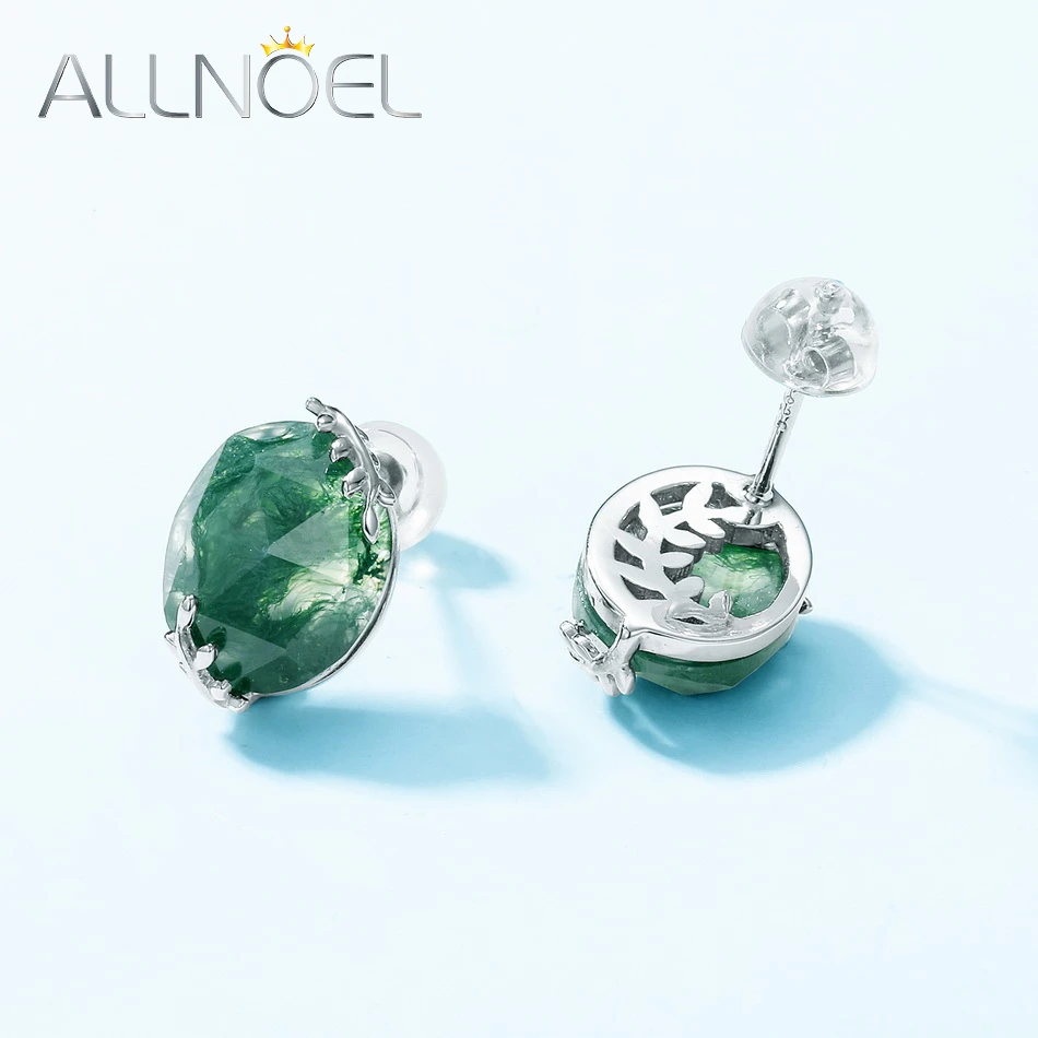 ALLNOEL 925 Sterling Silver Hypoallergenic Stud Earrings for Women Natural Moss Agate Earrings Branches Elegant Jewelry Gift