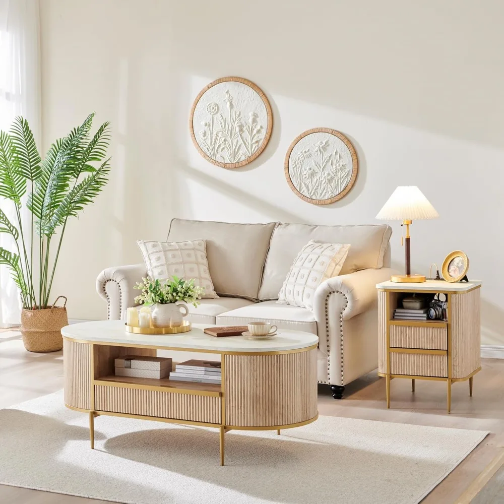 48" Oval Coffee Table with Drawer, Faux Marble Top, Curved Profile Design, Gold Metal Decor, Center Table for Living Room