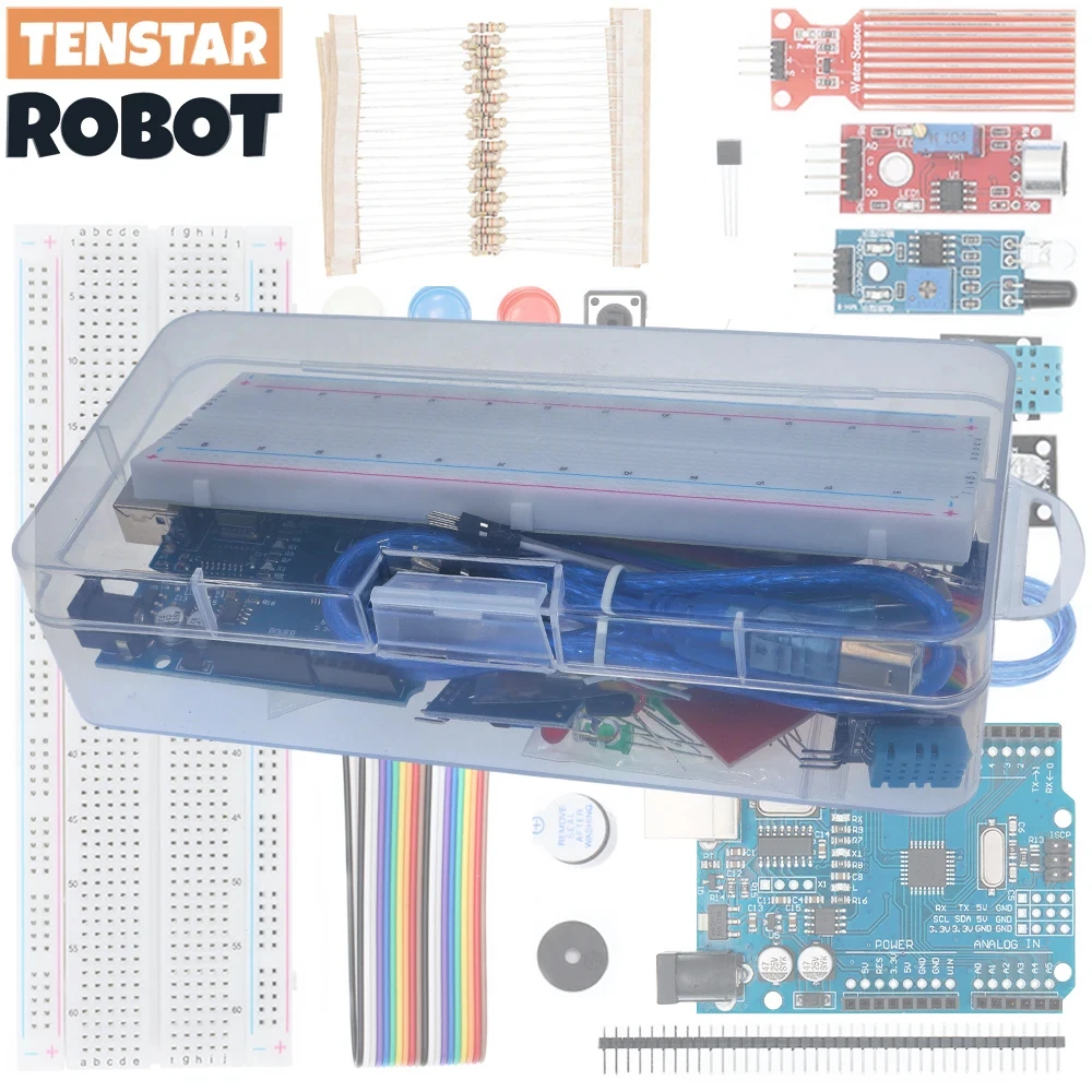 Electronic Starter Kit for Uno R3 Breadboard Basic Simple Learning Kit Sound Water Level Humidity Distance LED Contro