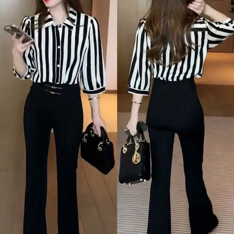 Women Summer Fashion Large Size Appear Thin Striped Polo-Neck 3/4 Sleeve Shirts Women Clothes Casual All-match Trend Top Tee