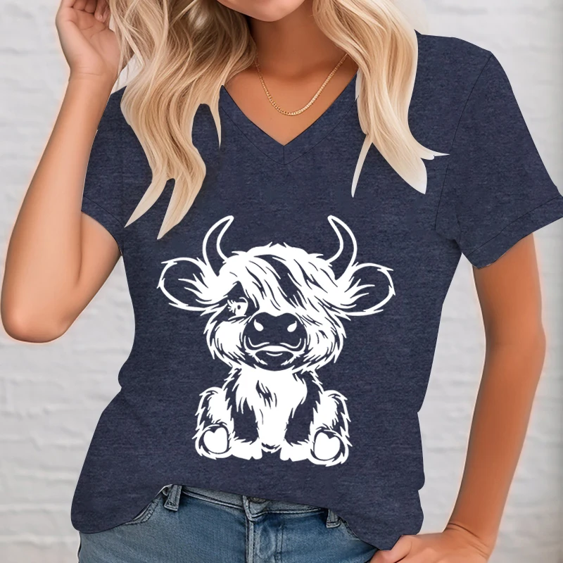 Cows Graphic T Shirts Women Cute Animal Lovers Tops V-neck Cute Highland Cow T-shirt Female Short Sleeve Tee Summer Casual Tops