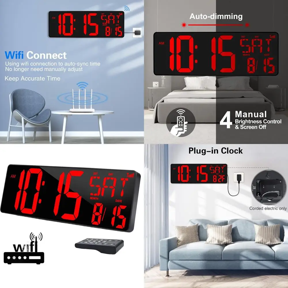 

WiFi-Synced 16.5 Digital Wall Clock with Temperature, Date, and Week Display, LED Timer with Remote, Alarm, Auto-Dimming for Hom