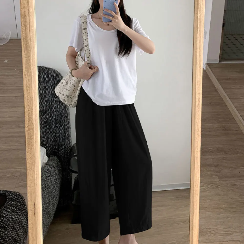 Summer Casual High Waist Harem Pants Ice Silk Loose Wide Leg Trousers Womens Breathable Cropped Female Street Style